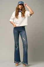 Women's Frayed Flare Jeans – Wide Elastic Waist, Dark Denim, Stretch Fit - The Elevated Hippie