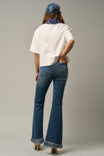 Women's Frayed Flare Jeans – Wide Elastic Waist, Dark Denim, Stretch Fit - The Elevated Hippie