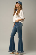 Women's Frayed Flare Jeans – Wide Elastic Waist, Dark Denim, Stretch Fit - The Elevated Hippie