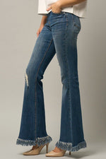 Women's Frayed Flare Jeans – Wide Elastic Waist, Dark Denim, Stretch Fit - The Elevated Hippie