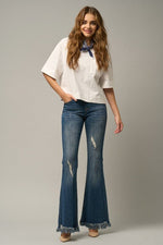 Women's Frayed Flare Jeans – Wide Elastic Waist, Dark Denim, Stretch Fit - The Elevated Hippie
