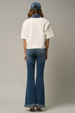Women's Frayed Flare Jeans – Wide Elastic Waist, Dark Denim, Stretch Fit - The Elevated Hippie