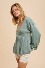 Women's Long Sleeve V-Neck Babydoll Blouse with Smocking & Balloon Sleeves - The Elevated Hippie