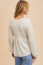 Women's Long Sleeve V-Neck Babydoll Blouse with Smocking & Balloon Sleeves - The Elevated Hippie