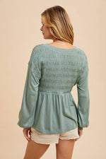 Women's Long Sleeve V-Neck Babydoll Blouse with Smocking & Balloon Sleeves - The Elevated Hippie