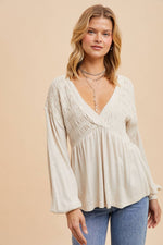 Women's Long Sleeve V-Neck Babydoll Blouse with Smocking & Balloon Sleeves - The Elevated Hippie