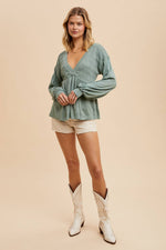 Women's Long Sleeve V-Neck Babydoll Blouse with Smocking & Balloon Sleeves - The Elevated Hippie