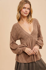 Women's Long Sleeve V-Neck Babydoll Blouse with Smocking & Balloon Sleeves - The Elevated Hippie