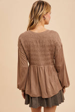 Women's Long Sleeve V-Neck Babydoll Blouse with Smocking & Balloon Sleeves - The Elevated Hippie