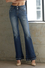 Women's Mid-Rise Flare Jeans – Double Un-Hem Detail, Dark Wash, Stretch Denim - The Elevated Hippie