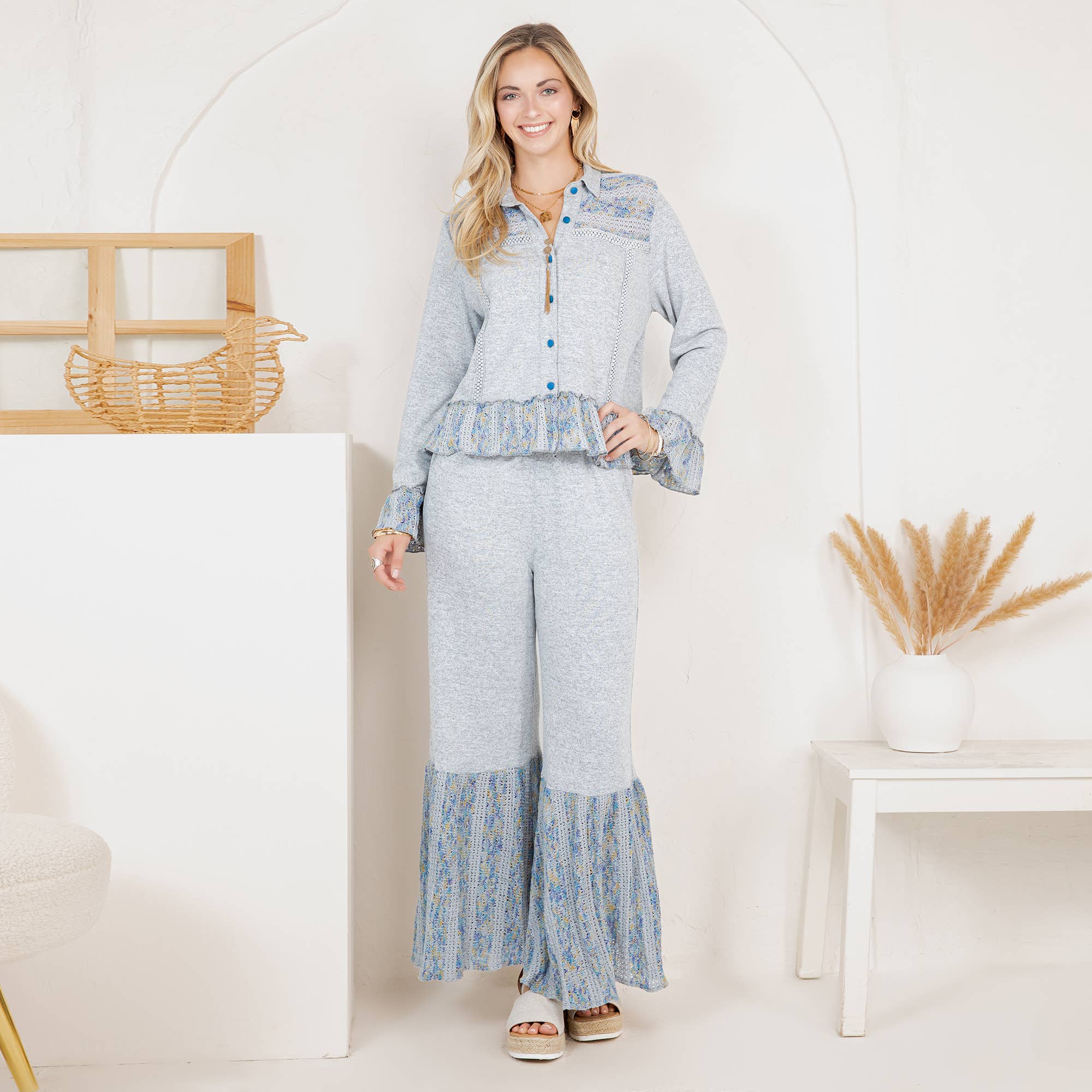 Cozy Boho Set: Crochet Jacket with Bell Bottom Pants - The Elevated Hippie