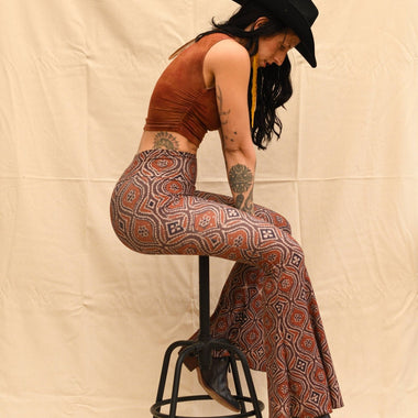 Zoey High Rise Bell Bottom Pants – Western Psychedelic Print, Eco-Friendly, Stretch Fit - The Elevated Hippie