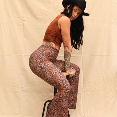 Zoey High Rise Bell Bottom Pants – Western Psychedelic Print, Eco-Friendly, Stretch Fit - The Elevated Hippie